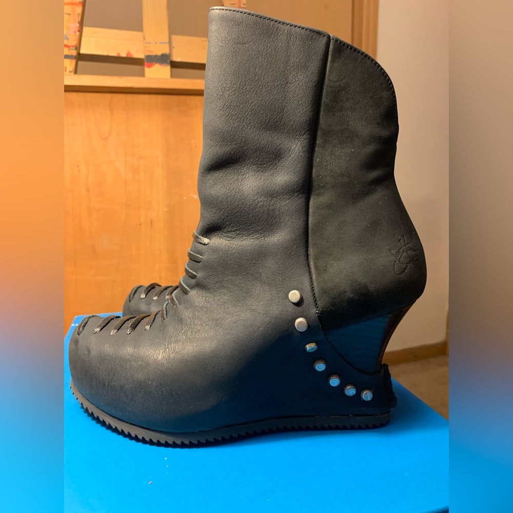 John Fluevog Black Conquer Maleika Studded Wedge Ankle Boots